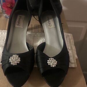 Black Peep-Toe Heels with Rhinestone Brooch